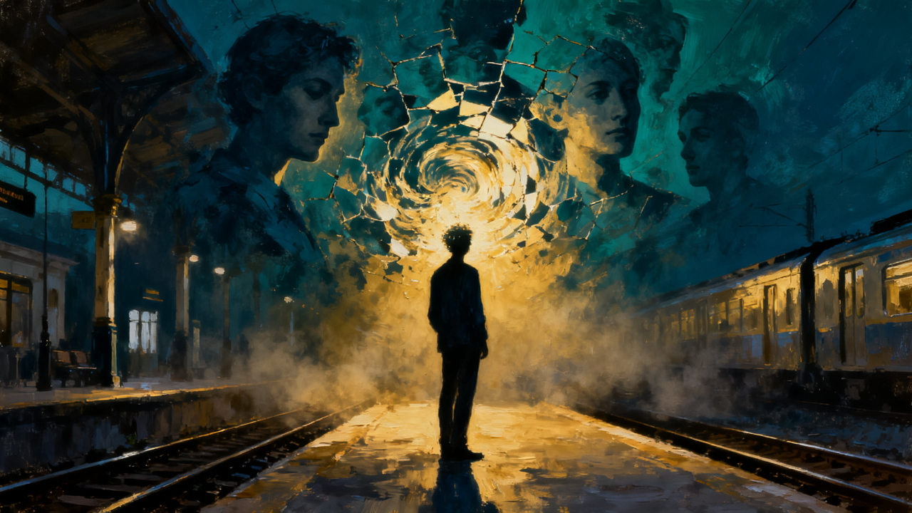 A lone figure stands on a dim train platform as a swirl of golden light and overlapping shadow-faces opens above the tracks.