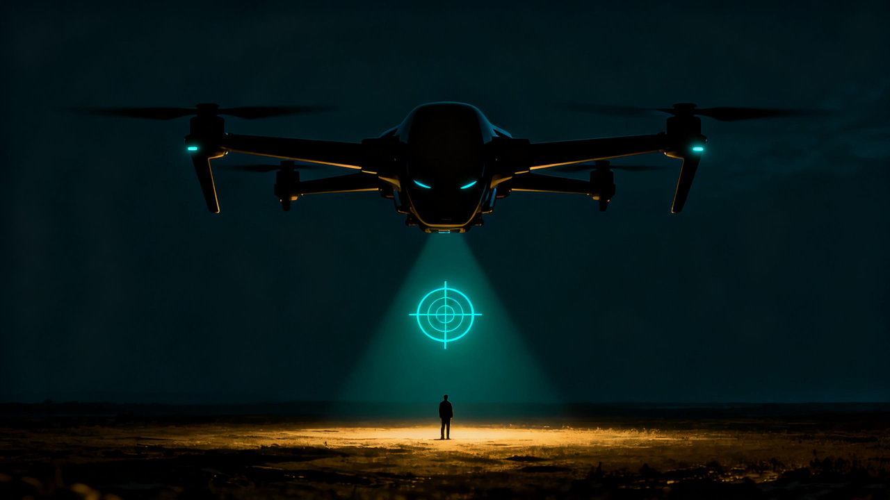 A faceless military drone hovering in a dark sky, casting a glowing teal targeting reticle down onto a single lone human figure standing exposed in a pool of pale light below.