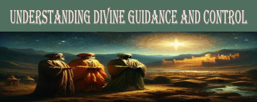 Three wise men gaze at a bright star over a distant city at night. 