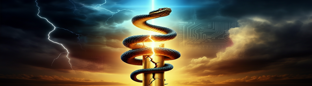 A serpent coiled around a cracking golden rod struck by a bolt of lightning, a faint circuit-board pattern in the stormy sky — God’s rod and today’s warnings