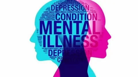 Silhouettes of heads in blue and pink with words about mental health like 'depression' and 'illness' in bold. 