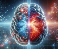 Two-hemisphere brain glowing red and blue across a digital grid — a bicameral structure mirrored in artificial neural networks