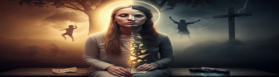 A woman split in half, with one side light and serene, the other dark and shattered; a child jumps in the background.