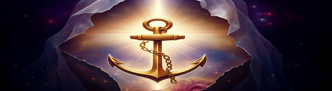 A golden anchor glowing before a torn veil that opens onto a radiant starfield — the anchor behind the veil
