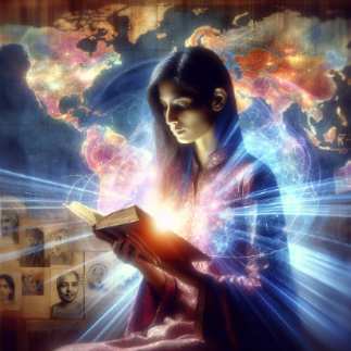 A woman in a colorful robe reads a glowing book, with a world map in the background. 