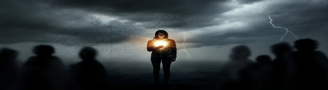 A figure holding golden light in darkness surrounded by shadowy silhouettes and lightning — targeted individuals as spiritual warfare