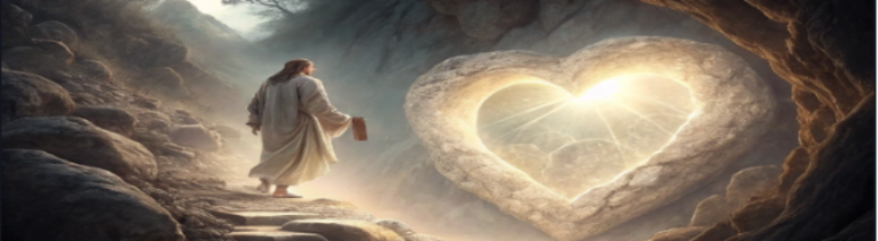 A figure in white robes walking towards a glowing heart-shaped stone in a cave.