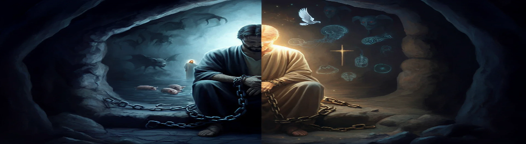 A split scene of Jesus — on one side chained in the tomb with pigs in the dark water, on the other side seated in light with the cross and dove above him — the two realms of spiritual affliction and deliverance