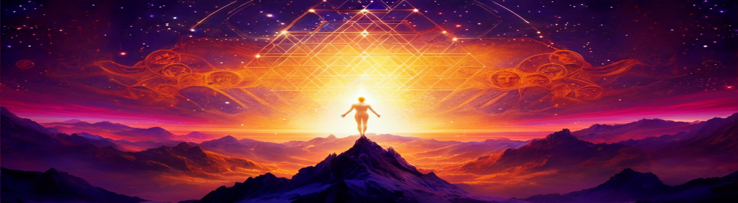 A radiant figure standing on a mountain peak beneath a vast geometric web of golden light and stars — enlightenment and the true light