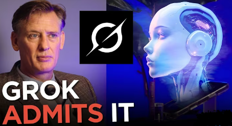 YouTube thumbnail: Grok AI logo between man and robot with text 'GROK ADMITS IT'"