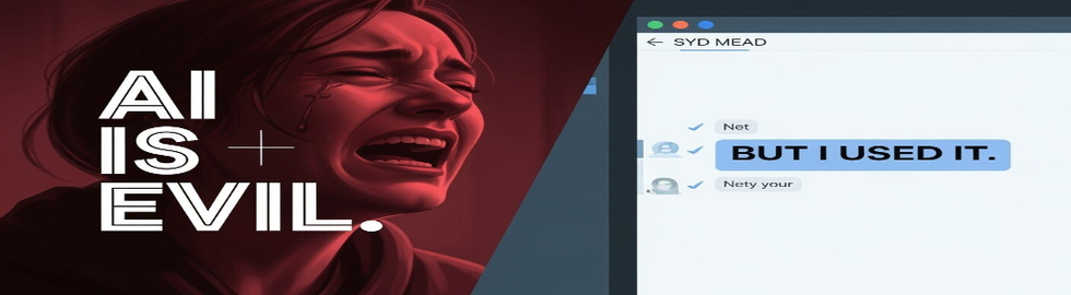 Split-screen thumbnail showing distressed woman's face with "AI IS EVIL" text on red background, computer chat showing "BUT I USED IT"