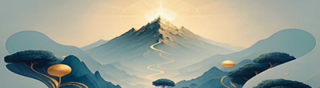 A mystical mountain with a winding golden path leading to radiant light at the summit — the Land of Vision from Genesis 22:2