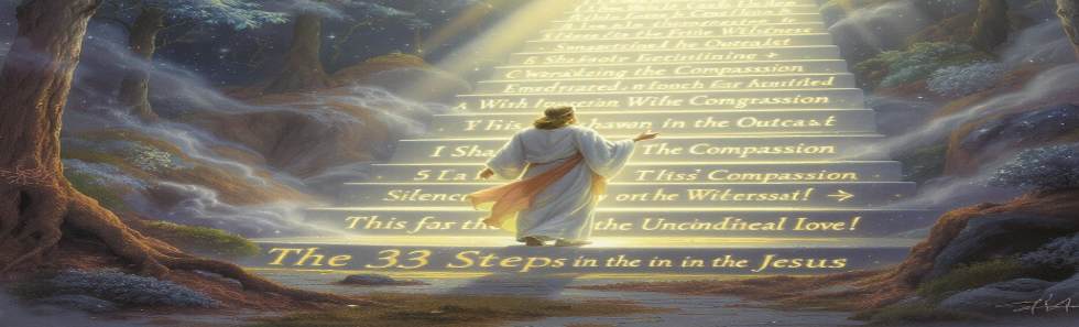 A robed figure ascending a radiant staircase of glowing steps rising into the light through an enchanted forest — the 33 steps in the life of Jesus