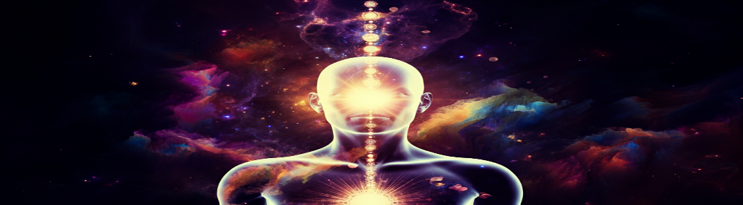 A luminous human figure against a cosmic nebula, light radiating from the head along the spine — the spirit realm within