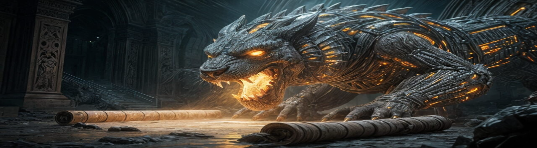 Short version (recommended): "Mechanical dragon beast with glowing circuits representing AI as the image of the beast from Revelation 13:14-15 biblical prophecy