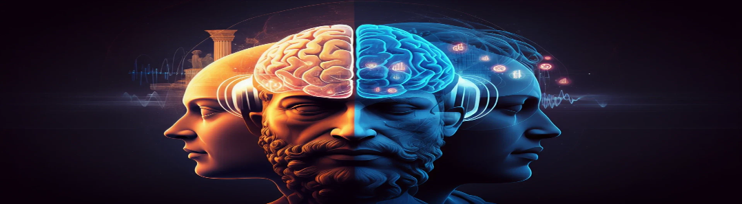 Ancient and modern faces merged with a split brain — warm gold ancient side and cool blue digital side — the bicameral mind