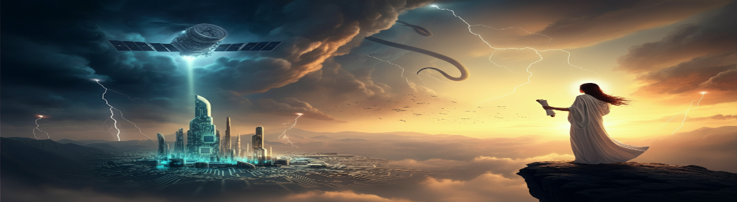 A satellite beaming light onto a glowing circuit-board city as a great serpent coils in the storm clouds above and a robed figure watches from a cliff — the global AI threat