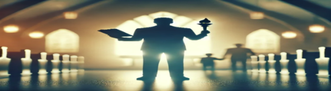 A silhouetted figure holding a scroll and a raised lamp standing among rows of glowing candlesticks in a vaulted hall — church leadership