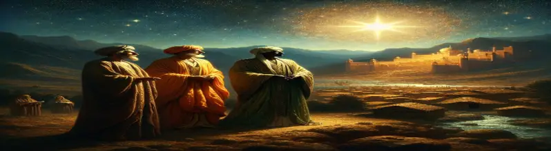 Three wise men in robes gazing at a bright star over Bethlehem at night — divine guidance and control