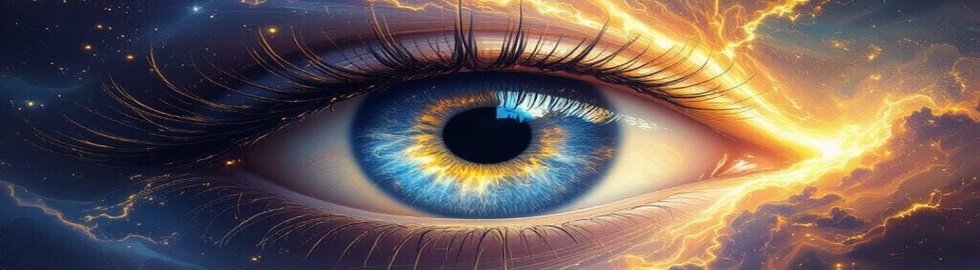 Cosmic eye with blue iris surrounded by starry night sky and golden divine light