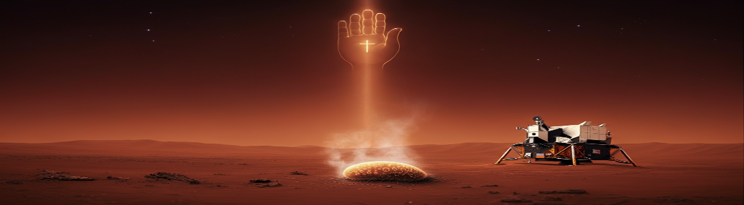 A NASA lander on the red Martian surface beside a glowing microbial organism, with a divine hand bearing a cross descending from the sky — the collision of space exploration, microbial life, and the majesty of God's creation