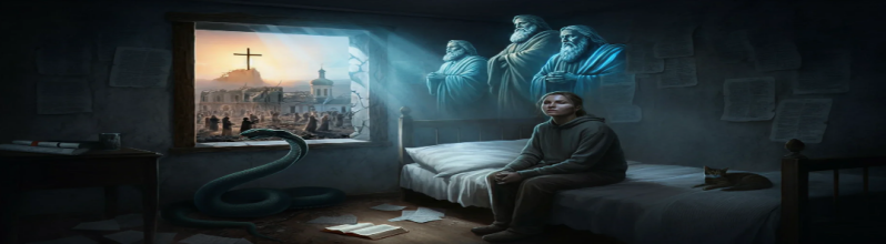 A lone figure on a bed in a dark room, a serpent coiling through the window, glowing prophets watching from above, a cross through the window — the isolation and calling of a modern prophet