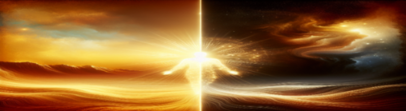 A brilliant column of light dividing a golden radiant sky from a dark stormy void — the distinction between light and darkness