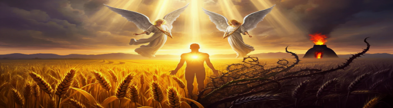 A figure with light blazing in the chest stands in a golden wheat field, angels descending on one side and thorns and a volcano on the other — the Kingdom within