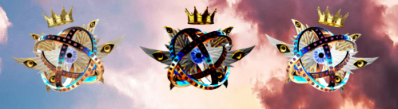 Three crowned, winged ophanim-like emblems with all-seeing eyes against a pink and blue cloudy sky — from dust to life