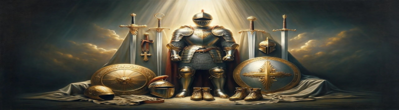 A knight in shining armor stands among swords, shields, and helmets, lit by mystic light.