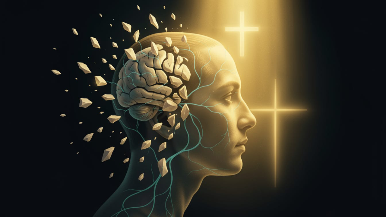 A human head in profile against a dark background, one half fracturing into pale broken shards, the other half lit by a descending shaft of warm gold light with a faint cross held within it — the meeting of a fractured mind and the presence of God.