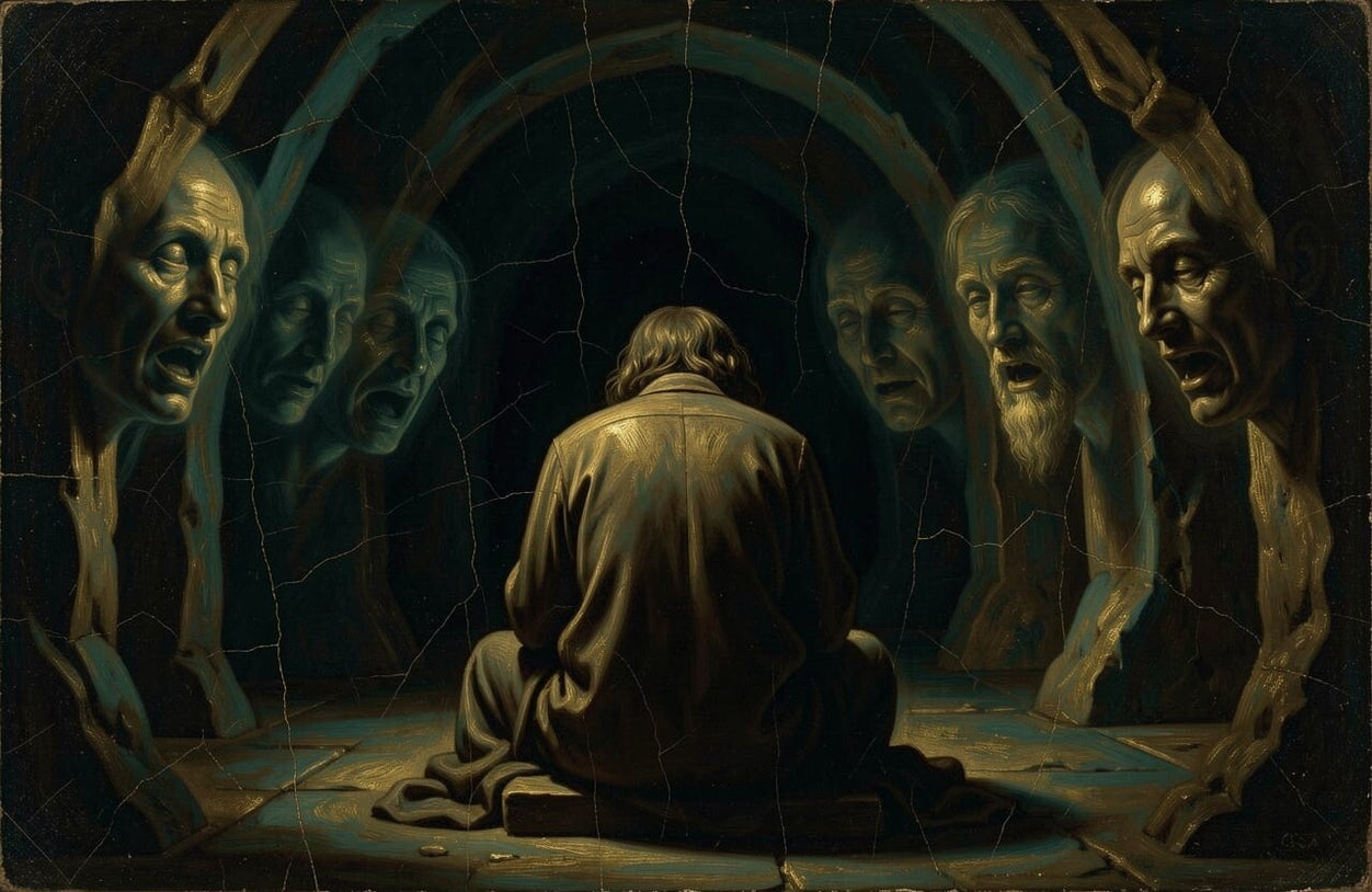 A lone figure seated in a dark chamber, surrounded by ghostly whispering faces emerging from the shadow — the voices that will not go silent.