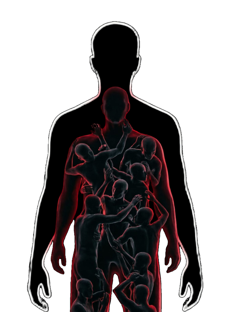 A white outline of a human body filled with dark red-lit figures crammed inside.