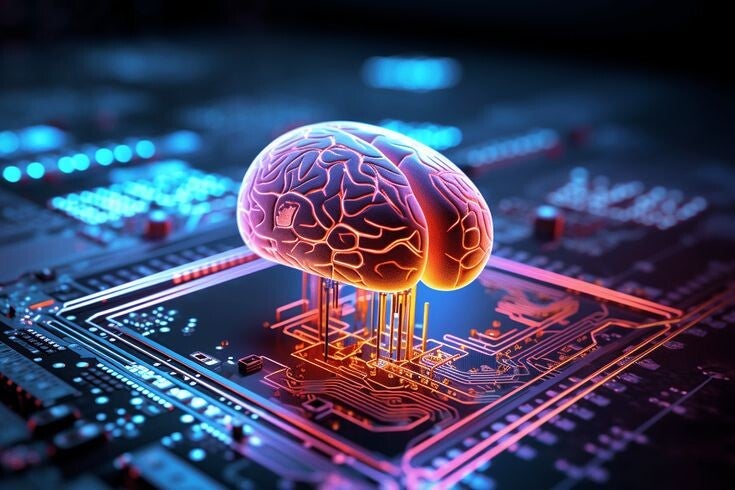 A glowing brain above a circuit board with colorful patterns and connections. 