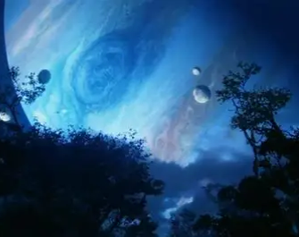 Polyphemus, the deep-blue gas giant of Avatar’s Pandora — banded blue clouds with a great blue storm-eye, a world modeled on Jupiter but rendered entirely in blue.