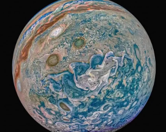 Jupiter’s newly named Great Blue Spot — a deep-blue storm, echoing the blue world of Avatar.