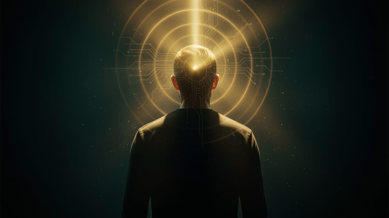 A lone figure seen from behind in darkness, a beam of golden light and concentric circuitry rings entering the back of his head — a voice projected into a single mind