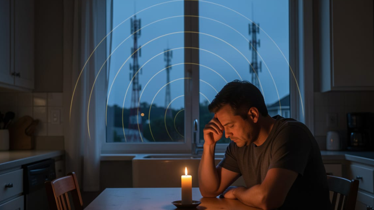 A lone man sits at a kitchen table at twilight, head bowed and one hand pressed to his temple, a single lit candle before him — through the window behind him two cellular towers stand silhouetted against a dusky sky as faint concentric signal rings spread toward the house.