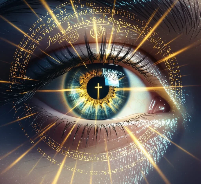 A human eye opening with divine golden light rays breaking through — Opening Blind Eyes by Suzanne Barron, Christ the True Light Ministry