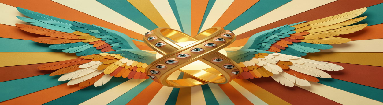 Two intersecting golden rings forming a sphere, their rims lined with open watching eyes, framed by six outspread feathered wings against a radiant sunburst — an Ophanim from the visions of Enoch and Ezekiel