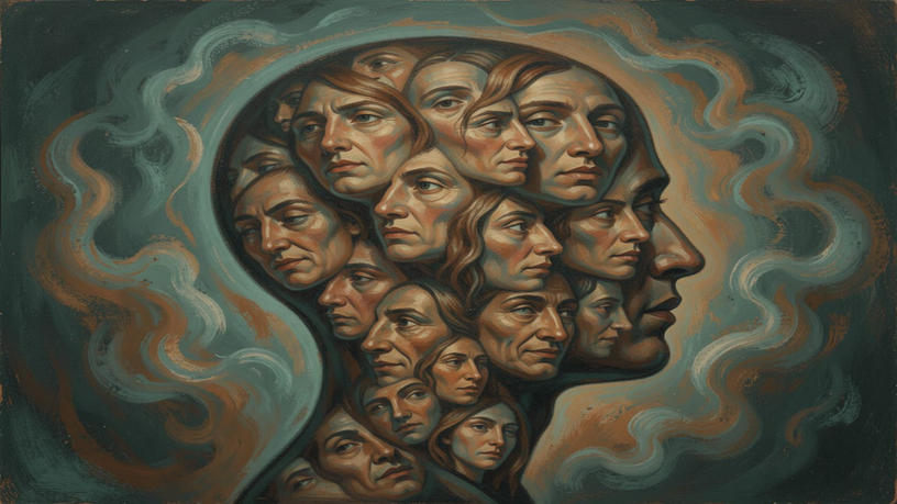 An abstract oil painting of a human head in profile whose mind is filled with many overlapping human faces gazing in different directions, wreathed in swirling teal and amber smoke — the many voices heard within