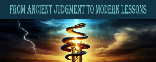 A dark and stormy landscape with a serpent in the foreground. Text at the top reads 'From Ancient Judgment to Modern Lessons.' 
