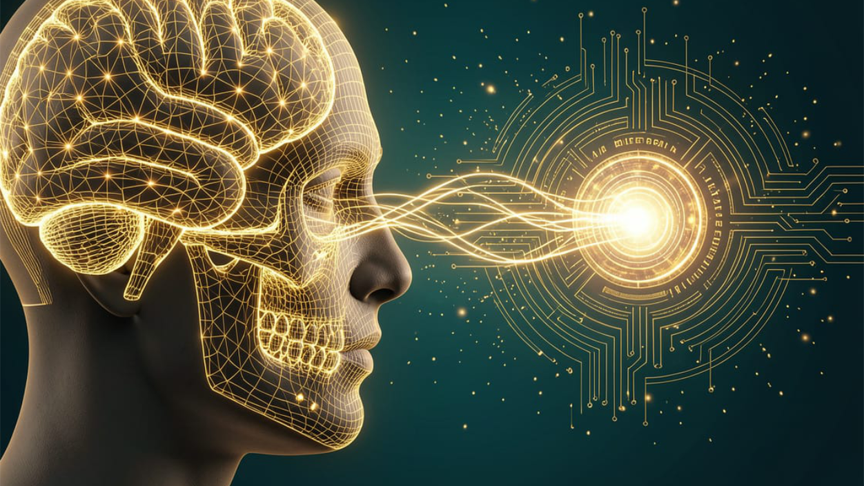 A human head in left profile rendered with a glowing golden wireframe brain and skull, luminous gold threads streaming from the face across to a radiant circular circuit-board core on the right, against a dark teal background scattered with drifting gold particles.