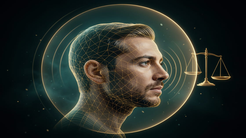 A man’s head and shoulders in profile rendered as a glowing golden wireframe mesh, ringed by concentric signal waves, with a set of golden balance scales floating to the right against a dark teal background