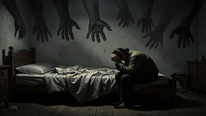 A figure sitting alone at the edge of an unmade bed at night, head in their hands, with multiple shadowy hands reaching down toward them on the wall behind