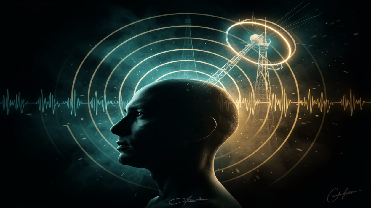 A dark profile silhouette of a human head facing left, ringed by concentric golden sound waves, a glowing broadcast tower emitting a bright halo on the right, with teal-and-gold audio waveforms streaming across a near-black background.