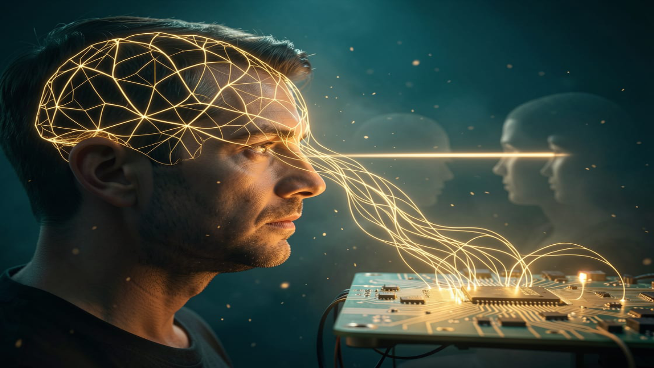 A man's head in profile with a glowing golden wireframe brain, fine luminous threads streaming from his face across to a circuit board and toward two faint ghostly head silhouettes, against a dark teal background with drifting gold particles.