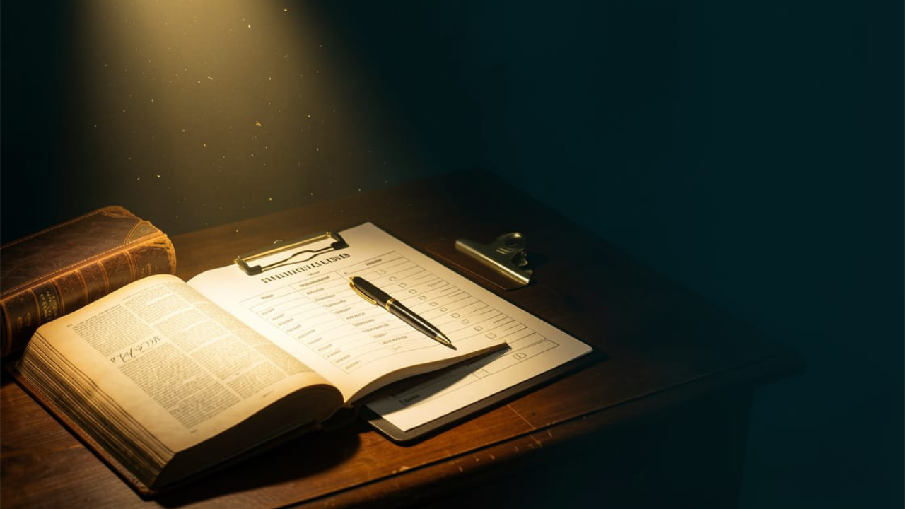 An open antique Bible on a dark wooden desk with a clinical diagnostic clipboard and pen resting across its pages, lit by a single shaft of golden light against deep teal shadows — the clinic's checklist laid over sacred testimony