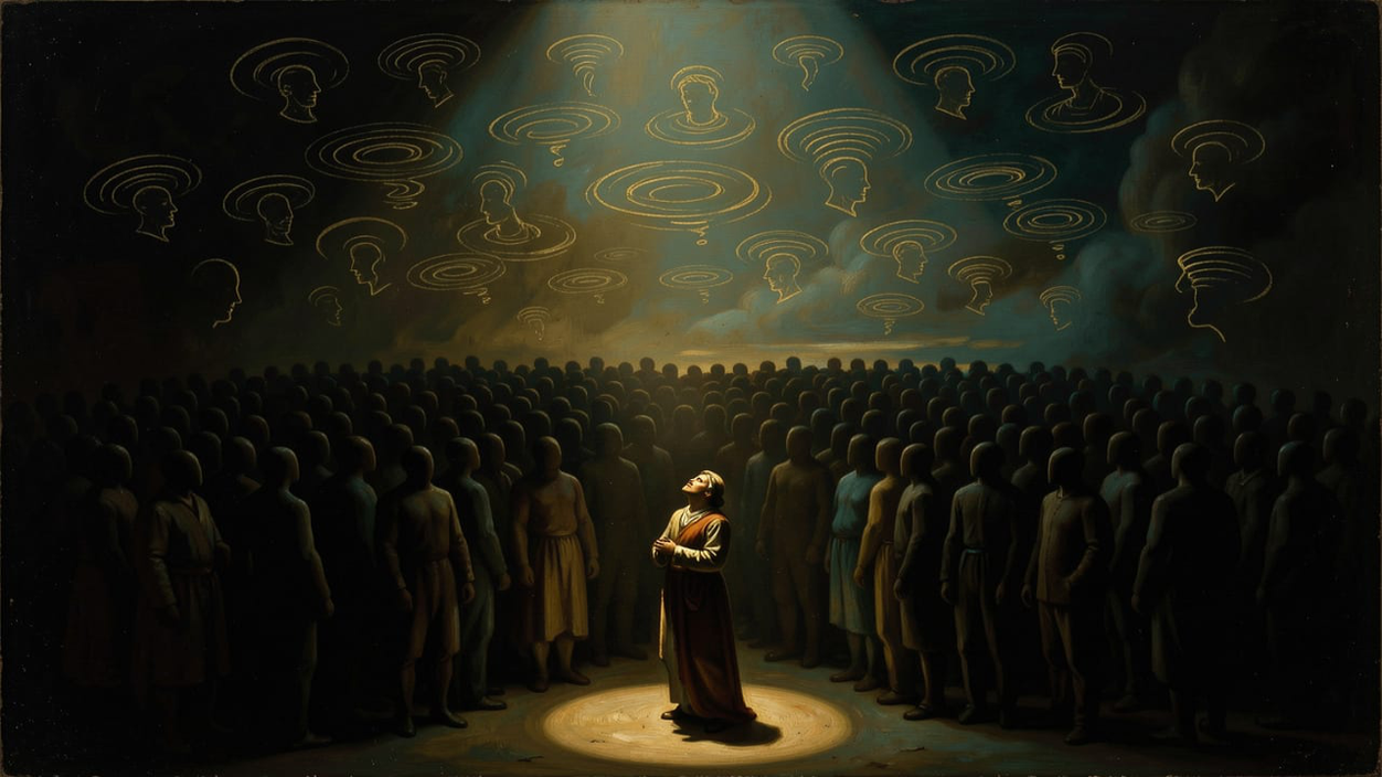 A lone figure lit by a shaft of warm light stands listening amid a vast shadowed crowd, faint golden whisper-forms drifting overhead.