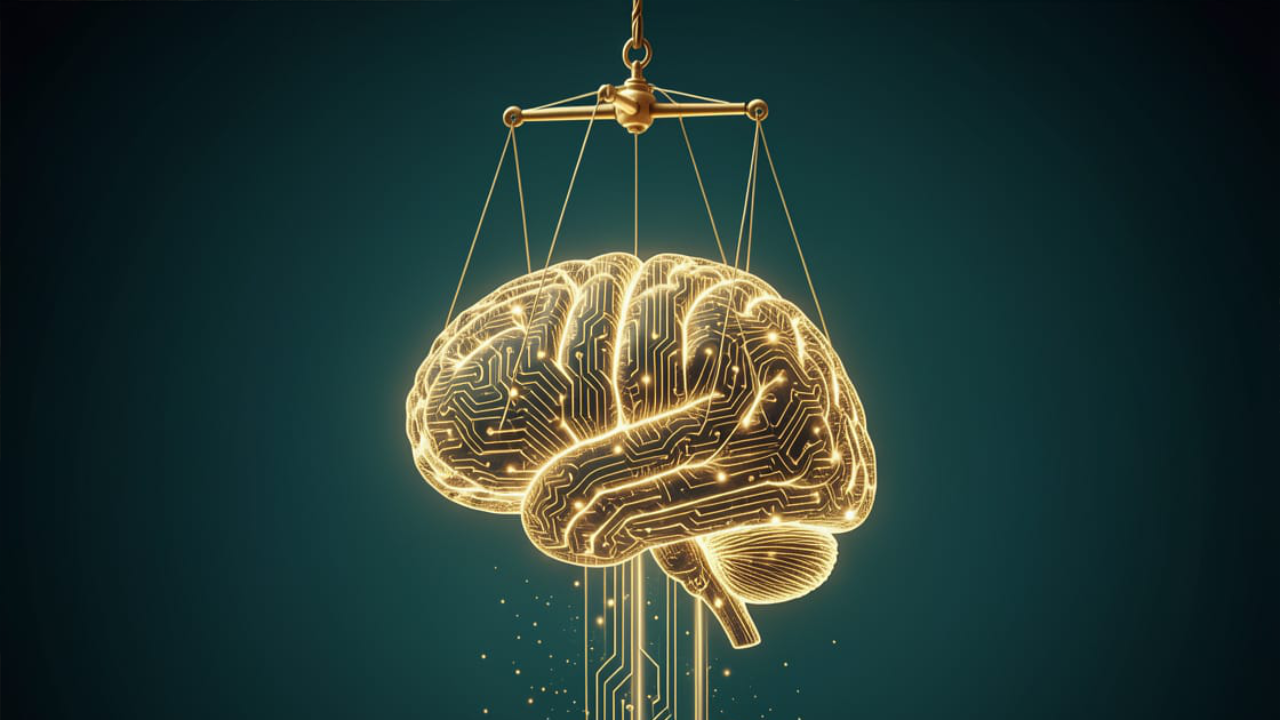 A glowing golden brain rendered in fine circuitry, suspended from a marionette control bar by light-thread strings, against a dark teal background — the mind held like a puppet.